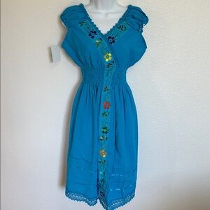 Blue Embroidered Dress with Floral Accents One Size